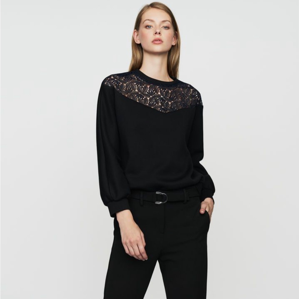 Maje Black Lace Detail Sweater, Size L, Nwot